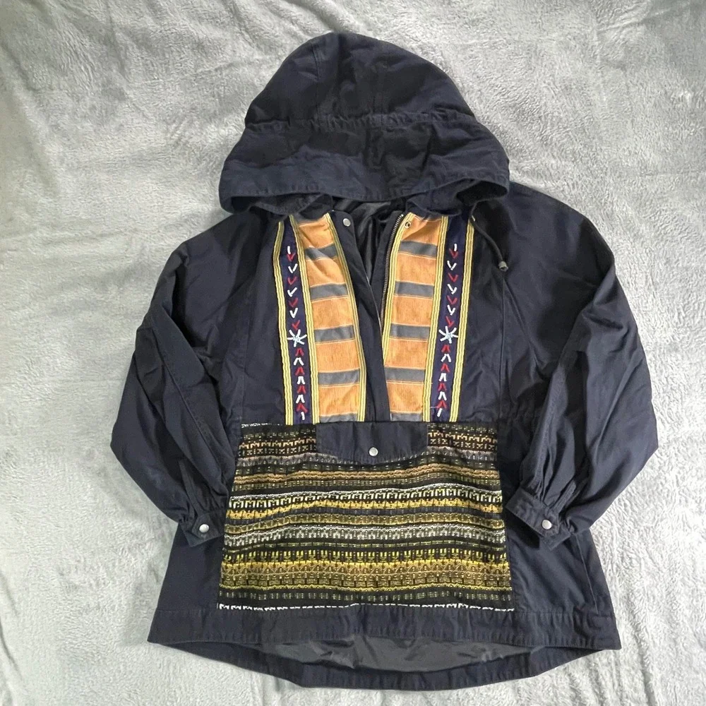 Free People Oversized Hooded Anorak Boho Woven Panel Pullover Jacket Size XS
